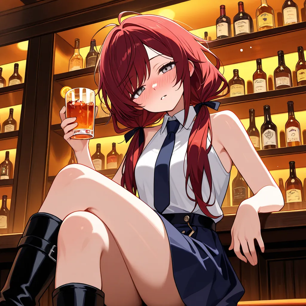 score_9,score_8_up,score_7_up, drunk, solo, close up, character: long low twin tails, sleepy expression, head tilt, gray eyes, messy hair, dark red hair, long swept bangs, sleeveless halter neck white collared shirt, dark blue necktie, dark blue skirt,hair...