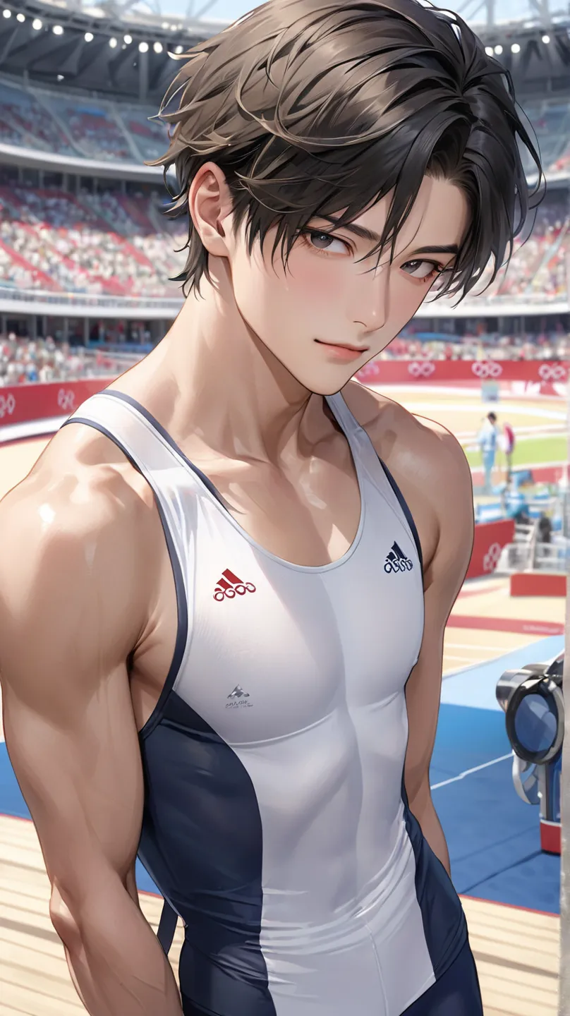 ((photorealism:1.2), very Handsome japanese man, 22-27 year-old, In the Olympic Games, He is a gymnast,  