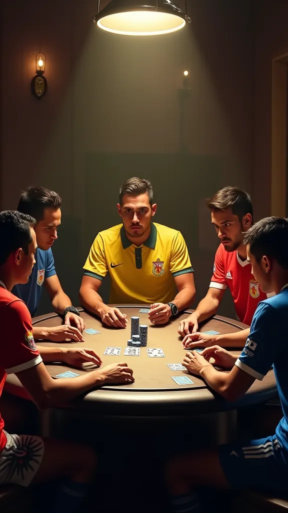   A realistic digital painting of a poker game in progress at an oval table with four players and a dealer. One player wears a Flamengo jersey, facing an opponent in a Fluminense jersey. Another player wears a Corinthians jersey, competing against a player...