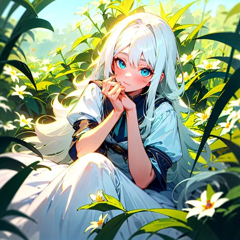 (masterpiece, best quality),One girl with long white hair sits in a field of green plants and flowers, Her hand is under her chin ,  also,And her eyes are blue,warm food,  white dress,  blurry background 