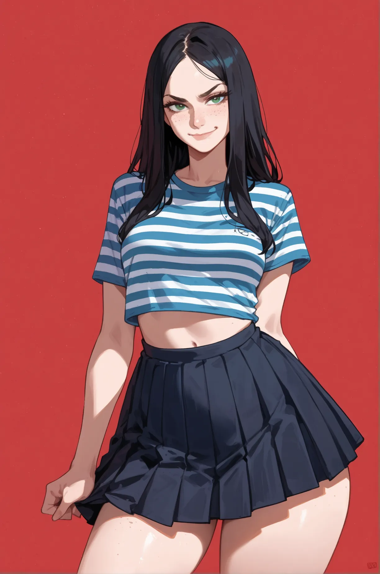 1girl, seductive eyes, green eyes, freckles, closed mouth, smirk, black hair, long hair, blue striped crop tshirt, pleated skirt, wide hips, thighs, standing, red background