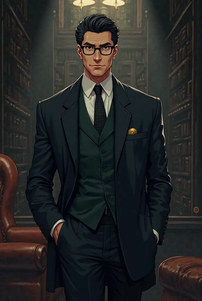 generate an image in anime style of a tall handsome guy with glasses

