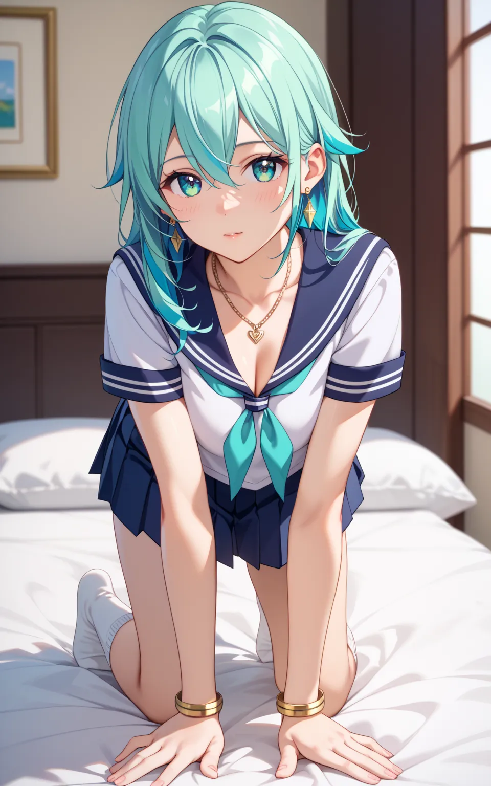  shino roasted、solo、is shy、(shortcuts)、 aqua colored hair、 beautiful hair、bangs between eyes、 aqua colored eyes、 beautiful eyes、shining eyes、beautiful skin on hands、textured skin、 sailor suit、Short sleeve、 Chest Valley、pleated skirt、loose socks、crystal ear...