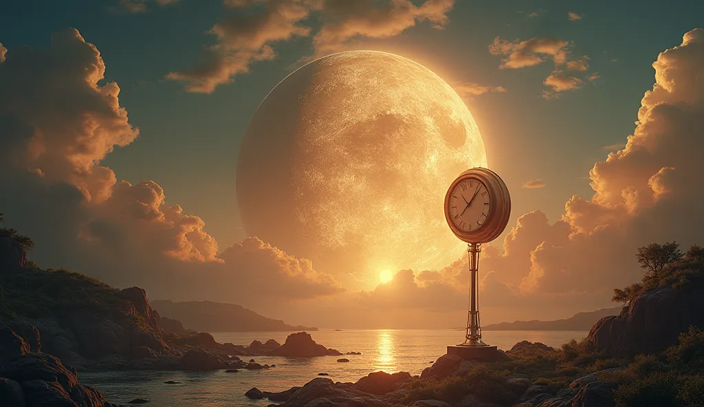 a fantastic world, a metaphor of human imagination, with large moons, a floating clock,  photo realistic, full hd, hyper realistic, camera pro, stock photo, golden hour, cinematic