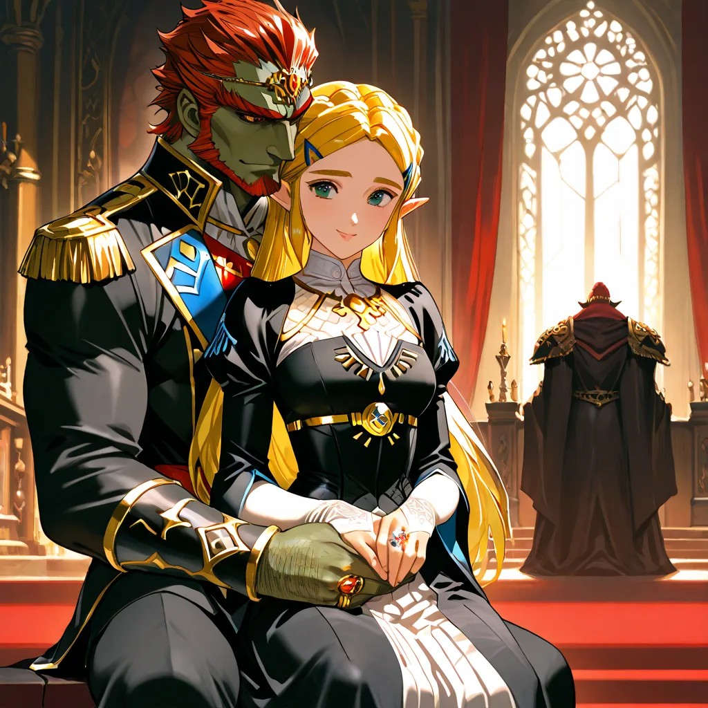 ((top quality)), ((masterpiece)), (details), （perfect face）、With her husband Ganondorf, the blonde Princess Zelda, who is lovingly and joyfully grasped and ruined to show off the couple's bond, wearing a jet black evil queen dress who loves each other by h...