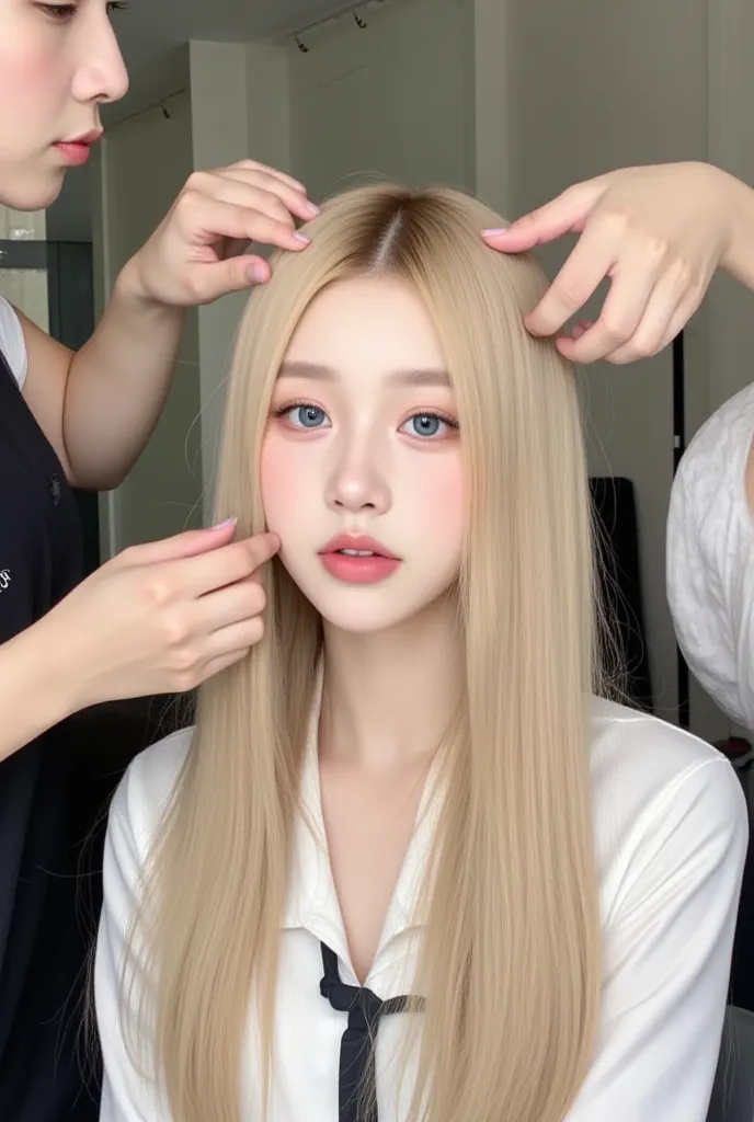 Kpop idol, long ashy blonde hair, blue eyes, pouty like lips, pretty, visual, selfie, instagram post, trendy, cute, backstage of a performance, getting ready for a performance, doing her makeup and getting her hair straightened by staff, the staff doing he...