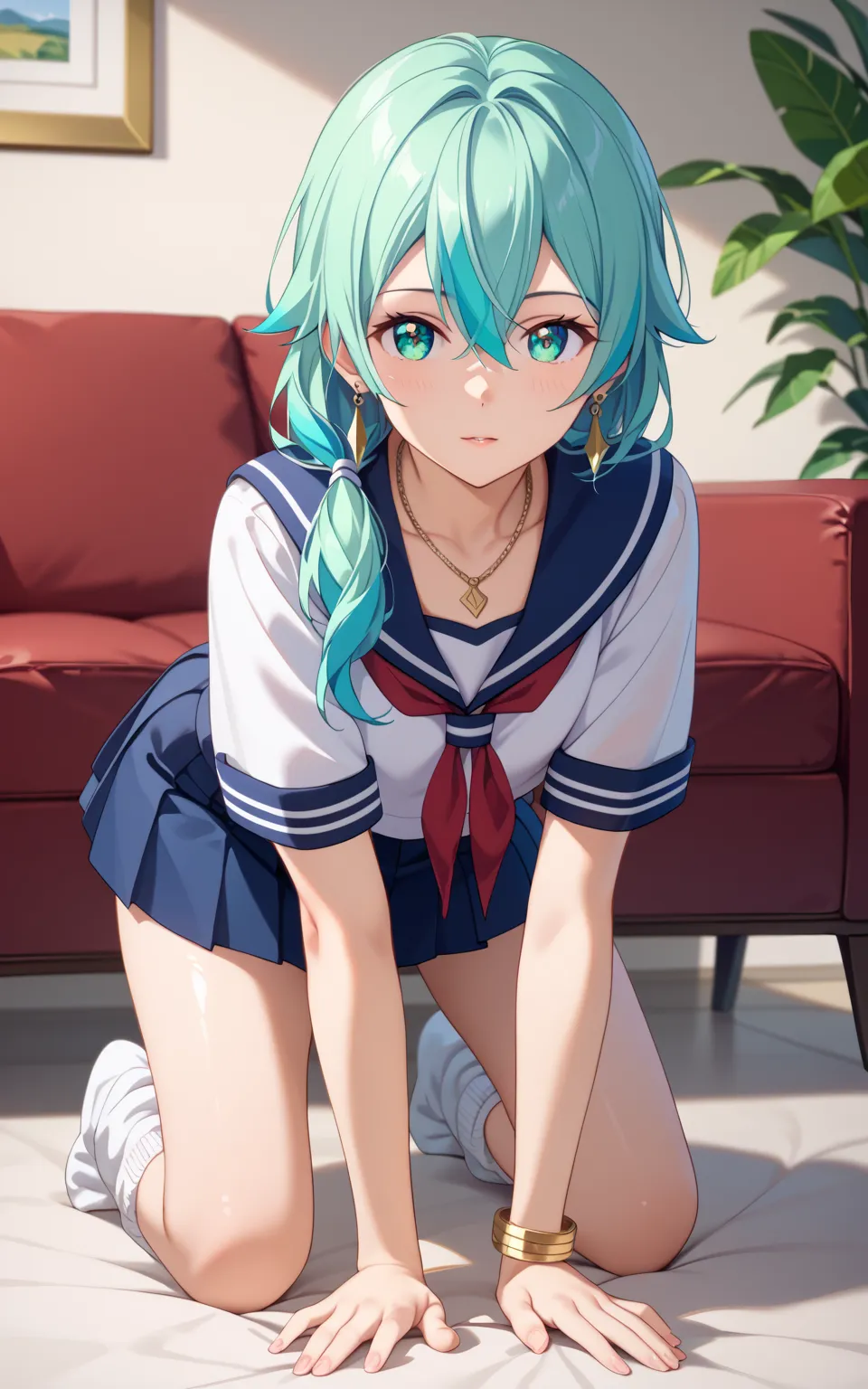  shino roasted、solo、((shortcuts))、 aqua colored hair、 beautiful hair、bangs between eyes、 aqua colored eyes、 beautiful eyes、shining eyes、beautiful skin on hands、textured skin、 sailor suit、Short sleeve、 Chest Valley、pleated skirt、loose socks、crystal earrings...