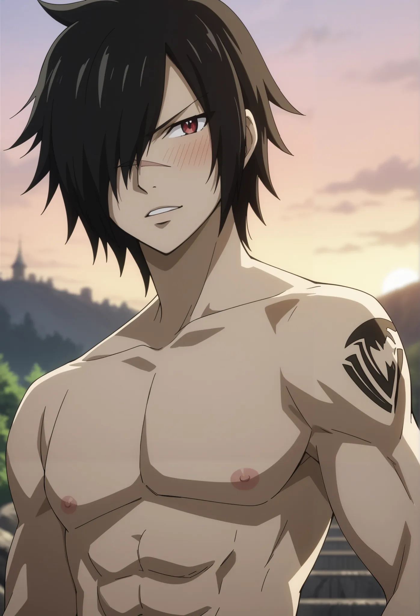 score_9, score_8_up, score_7_up, source_anime, rating_safe, rogue_cheney, black hair, red eyes, hair over one eye, scar, tattoo, close-up, happy,, 1boy, male focus, anime screencap, best quality, official style, depth of field, looking at viewer, sky backg...