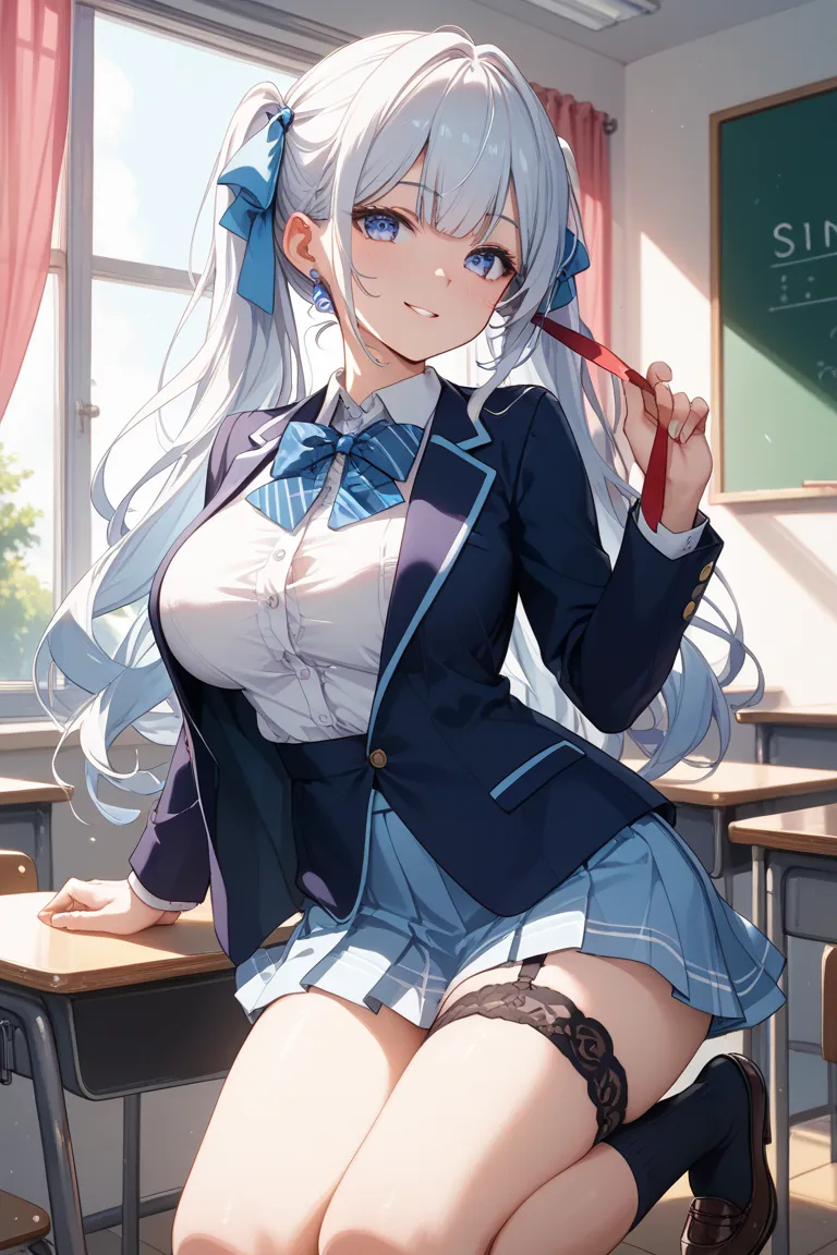 White Hair Girl、The hair is straight and long to the thigh、The color of the eyes is purple、Large breasts、 has a good style、no expression、 sharp eyes 、white blouse、Light Blue Mini Skirt、black knee-high socks、garter belt、white blazer、The ribbon is light blue...