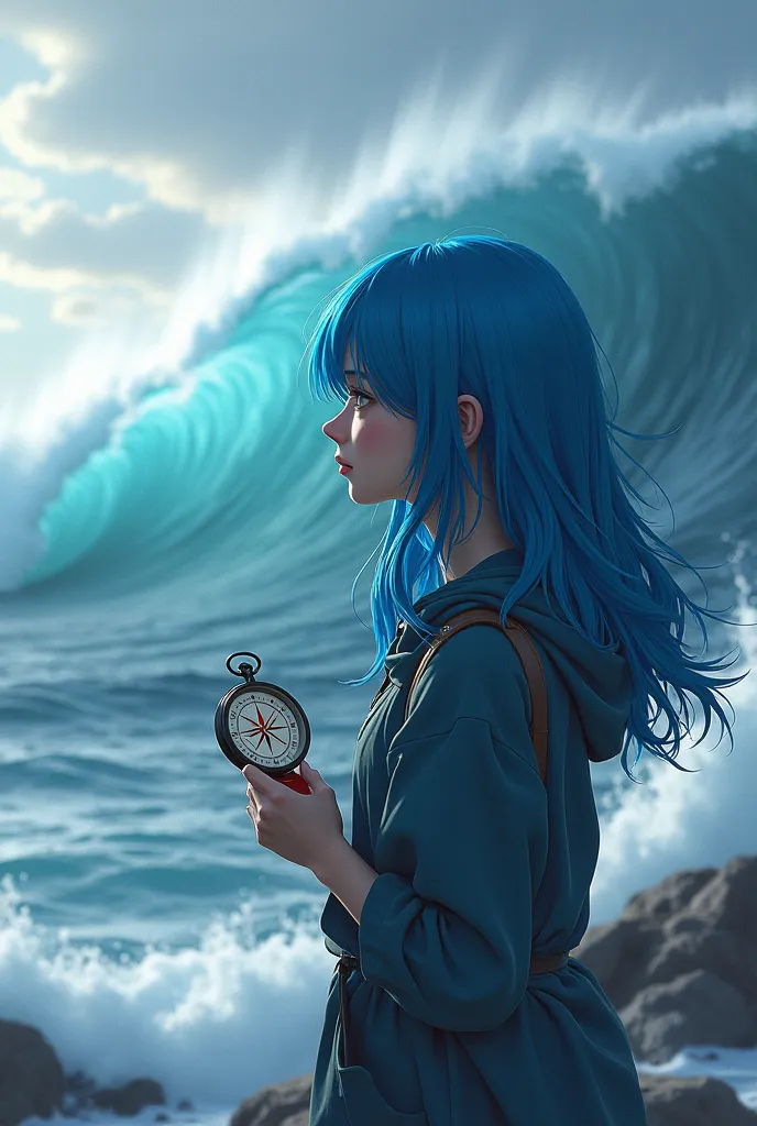 Draw the background of the waves in black, and draw only the blue-haired girl looking at it in color, holding a compass in her hand.