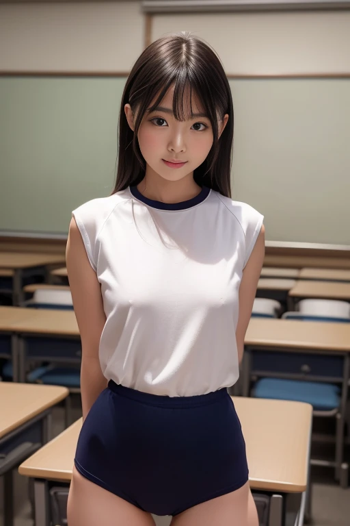 ((RAW, analog style)), ((film grain, skin details, high detailed skin texture, 8k hdr, dslr)),nsfw,1 japanese bishojyo pretty and beautiful woman slender body  ,((wearing  under the brown seamless pantyhose )),((((wearing navy gym uniform )))), smile face,...