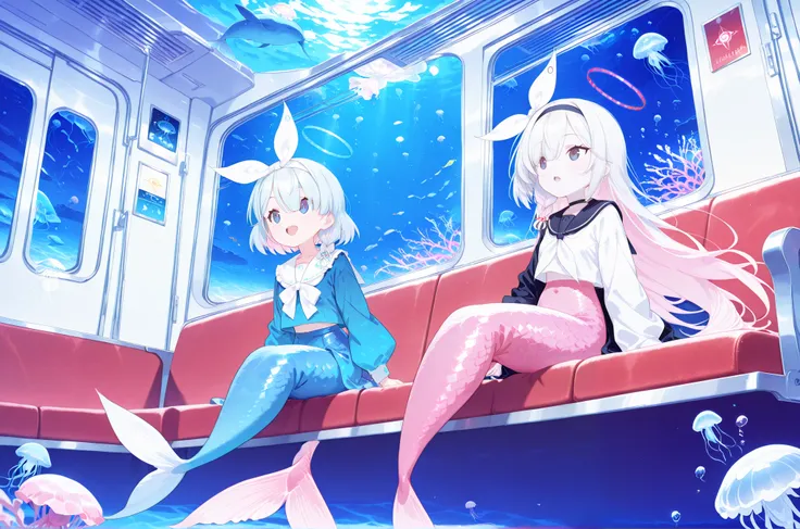 2girls, ((arona (blue archive), blue mermaid, blue scales)), ((plana (blue archive), pink mermaid, pink scales)), white frills, halo, happy, open mouth, sitting, train interior, (jellyfish:1.5), underwater, looking up, white frills, scenery, whale, fish, s...
