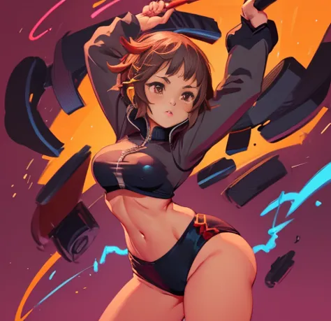 Glo-fi Art Style 1girl megumin from konosuba, ,, red blouse, ,
 ZIP2D , dynamic, dramatic, vibrant colors, glo-fi art style、wearing a Black gymnastics bloomers, High leg、red blouse, cowboy shot、