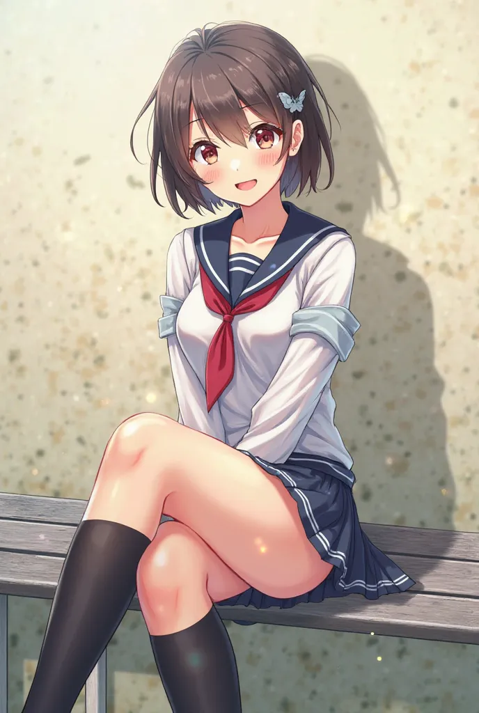 An anime girl with short hair showing a little belly wearing a college school uniform and a long black sock is sitting on a bench, smile and facing the front and then cut her head off