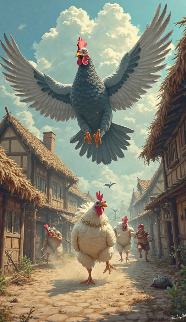 
The enormous pigeon and the giant chicken run through the village, dodging angry villagers holding sticks and nets.
