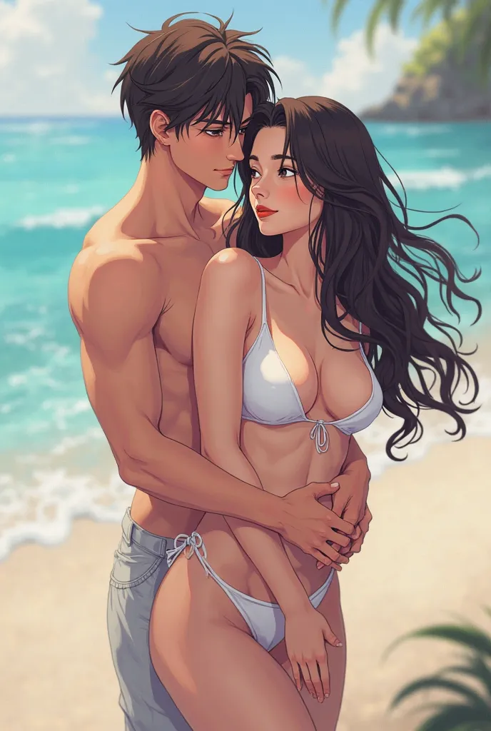  Beautiful anime girl with long wavy hair ,  white bikini , Having behind a boy attached to her body clutching her waist