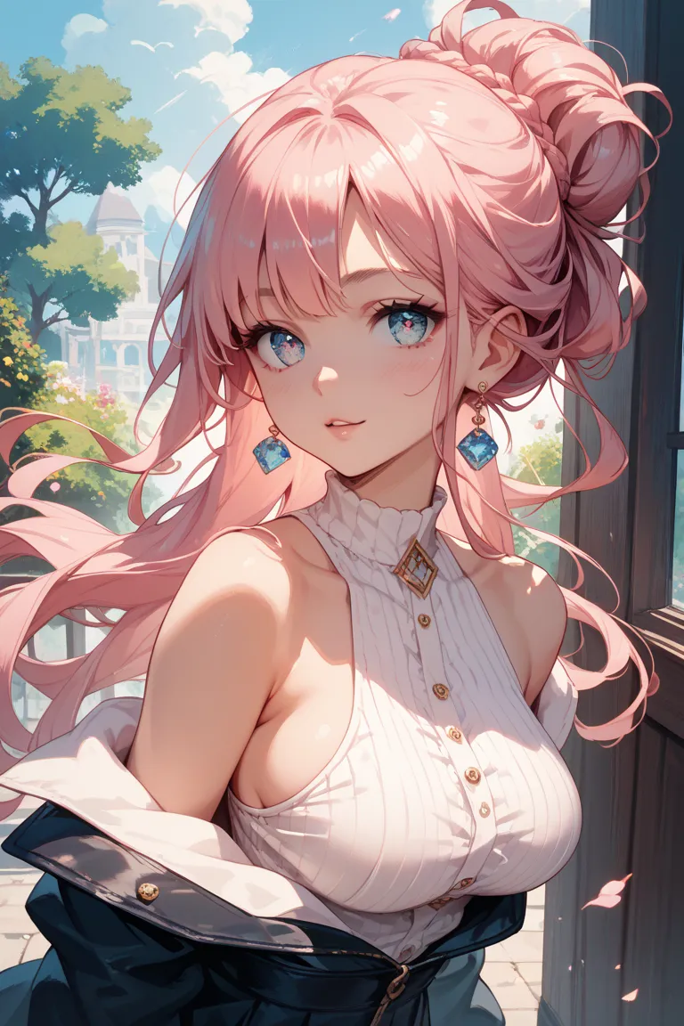 A girl with pink hair, long hair up to about her waist, slightly twirling eyes, pink, and breasts like a middle school girl