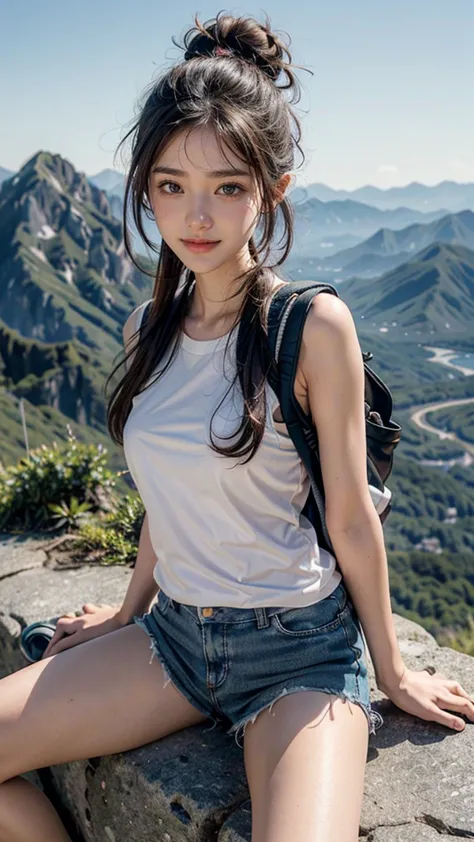  cute woman similar to Anzu Nakamura、Super pretty and slim、great style  、Ultra HD、very delicate face, Skin and Hair、((Semi-long bun hair))、dark brown hair、((Warm Mountain Climbing Wear ))、((Mountain Girl))、(( Mountain Trail at Dusk  ))、16K image、(Spaghetti...