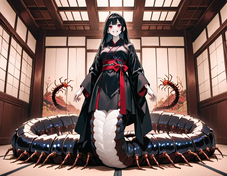 Lamia style girl. Fusion with a centipede. Black centipede body. Red insect legs. giant. Black costume. Japanese kimono dress. Red eyes. Black hair. Straight hair. Neat bangs. Grin. White skin. Japanese house. Indoors. look up.