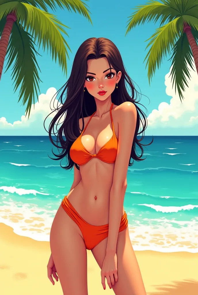 Persona 5 artstyle. Skinny girl with long brunette curls, gentle features, cafe eyes, wearing an orange bikini at the beach.