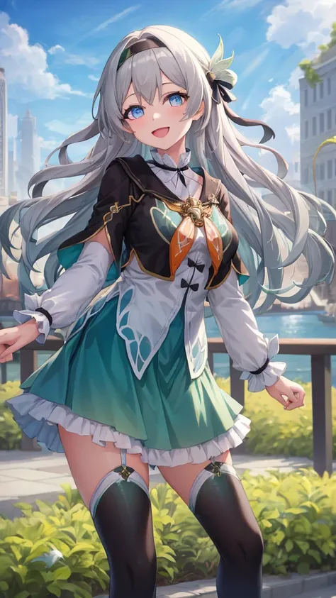 masterpiece, best quality, 1girl, solo,grey hair, long hair,hair ornament,black hairband, blue eyes, long sleeves, green skirt,green thighhighs, standing, smile, open mouth, outdoors 