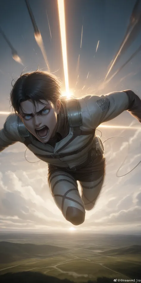 Alone, 1 boy \(Levi Ackerman\( Attack on Titan \), diving to Titan from above with the 3D moving device, turnout,blur motion,(dynamic posture),crazy,angry, Open Mouth ,\).Anthro, Screen capture .dynamic angle.  break  .The quality of \(8k, is the backgroun...