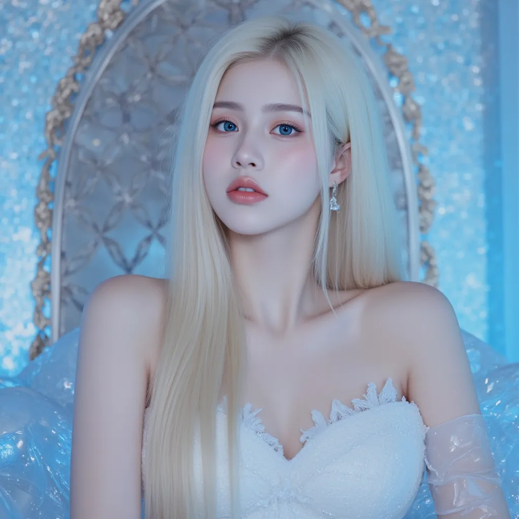 Kpop idol, long ashy blonde hair, blue eyes, pouty like lips, pretty, visual, kpop concept photos, 3 frame, ethereal, goddess like, pretty, beautiful, magical, majestic , 3 photos in one