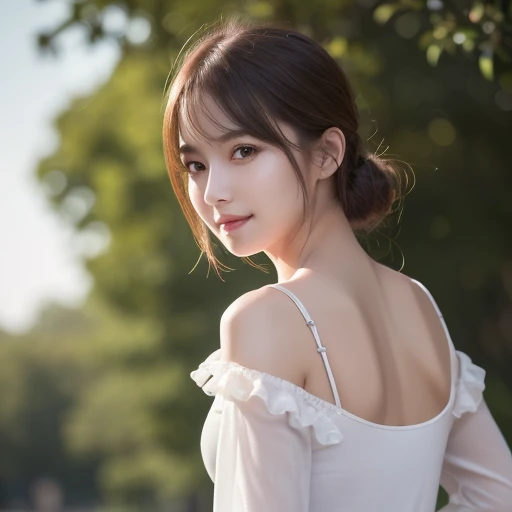 pure 20 year old girl 、((white tank top with sleeves over fingers, Dramatic Poses)),smile,Shortcut, nature park 、RAW photo, (8k、top quality、masterpiece:1.2)、(delicate details:1.4)、(photorealistic:1.4)、octane rendering、complicated 3d rendering super detaile...