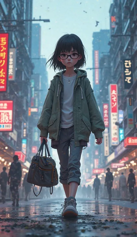 "A young cat-eye glasses walks through a modern city, carrying a small bundle in one hand. The city is filled with tall skyscrapers, neon lights, and bustling streets. The atmosphere is futuristic yet realistic, with a blend of urban life and technology. T...