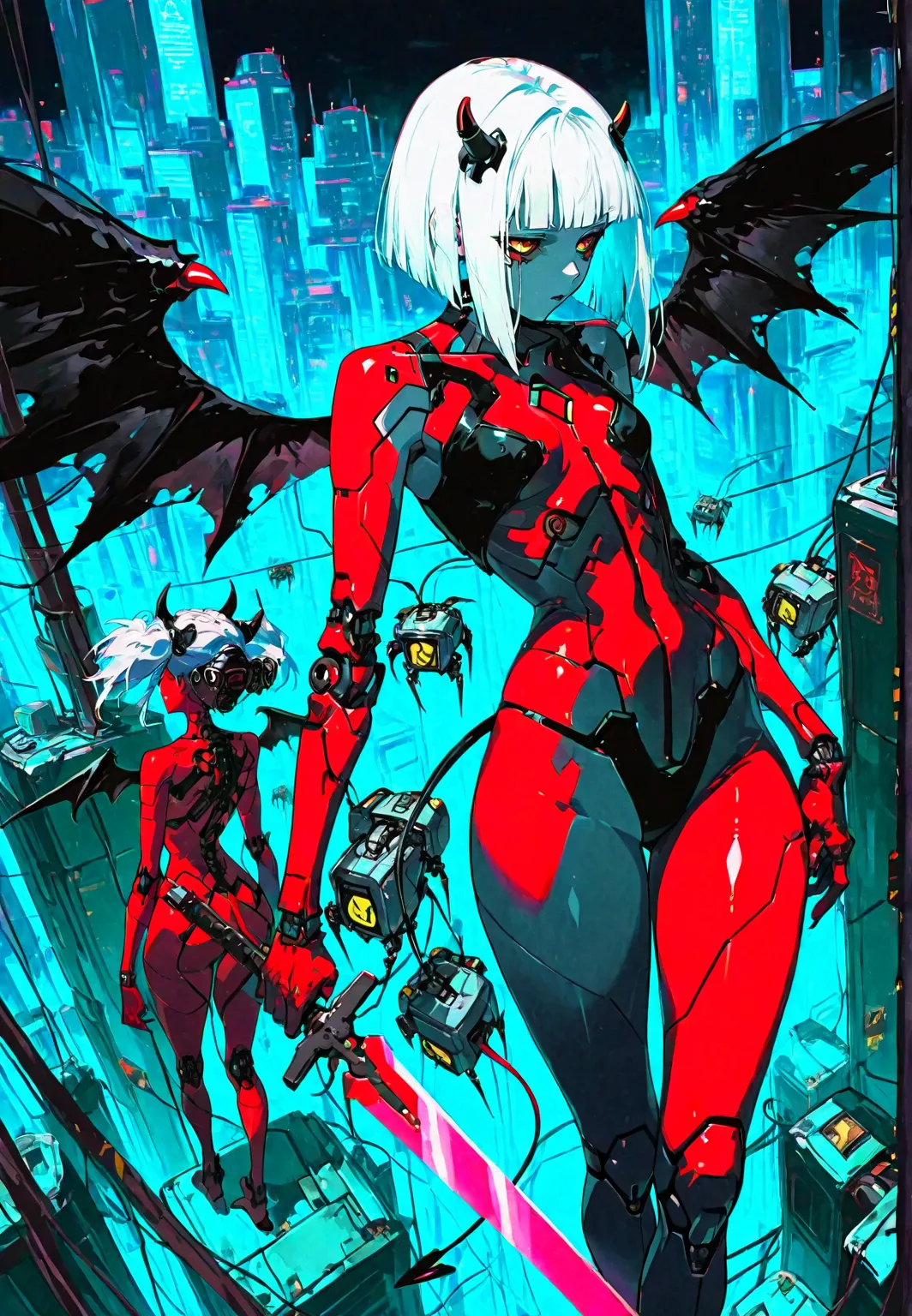 score_9 , score_8_up , score_7, ((high angle)) Chica demonio , Red skin, Horns ,TAIL, black wings, naked, robotic circuits , Small Breasts, moist skin, Futuristic devices, large hips, short white hair. holding a sword. bottom:   CYBERPUNK CITY. dark atmosp...