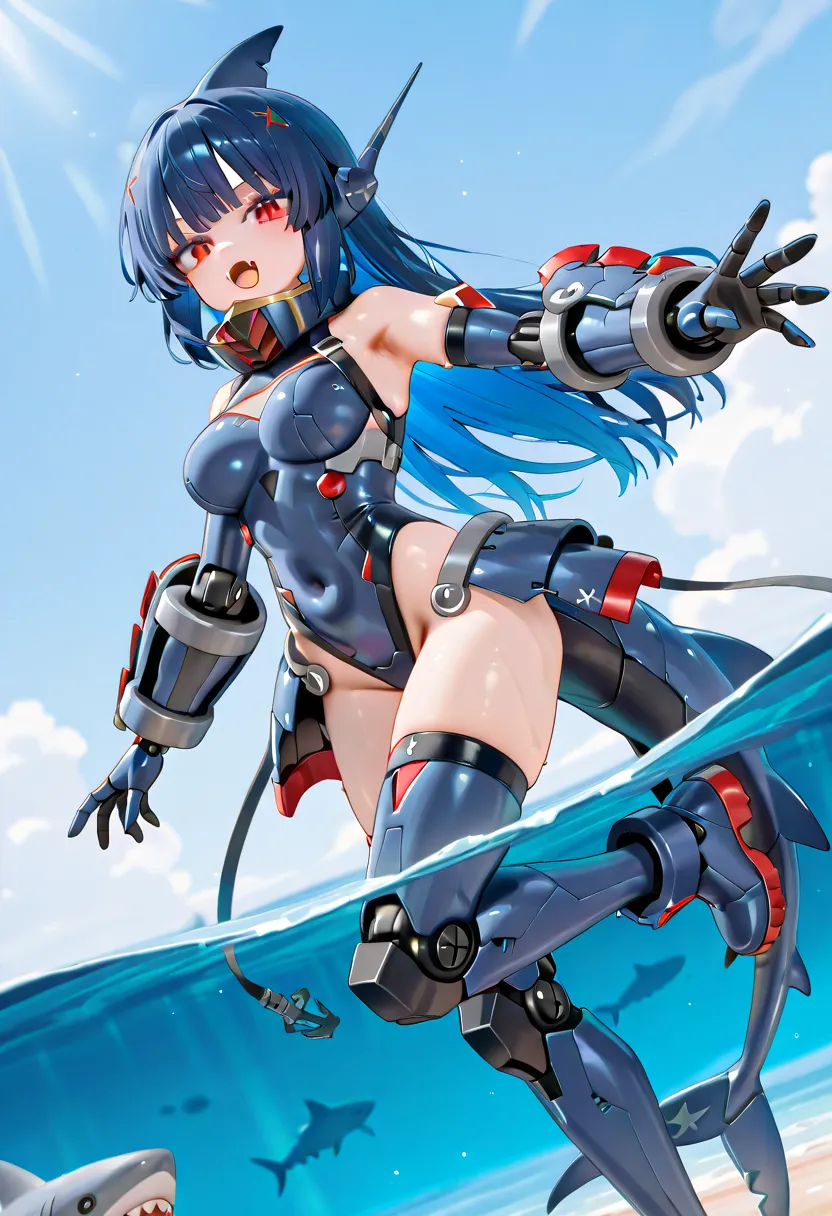 Machine Girl。shark-shaped armor, in the sea。 sharp fangs。machine body。Machine Full Armor。darkBluehair。straight hair。Mechanical joints。fins on the gauntlet。red eyes。shark helmet with mechanical armor。Boots。Machine tail fin。shark shaped metal body。Cybersuit