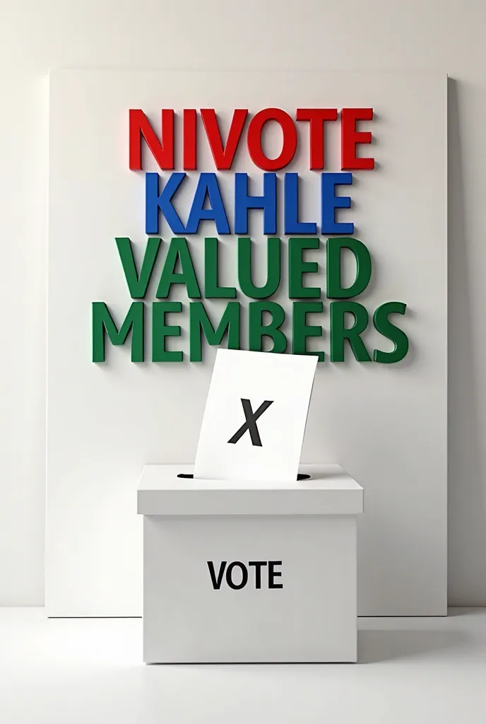 HD words, red, blue, green, black letters, capitalise letters, "NIVOTE KAHLE TODAY VALUED MEMBERS" write words in a 3D white board 
Add Voting box with a cross (X) on a white paper being inserted into a Box written Vote

Write at the bottom "SNAT BURIAL EL...