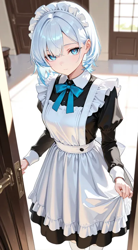 masterpiece, best quality, detailed face, detailed eyes, 1 girl, solo, beautiful, modest chest, slender body, mature, light makeup, adorable, sharp eyes, closed mouth, short hair, blue hair outer, white hair inner, long side bangs, short tidy bang, vibrant...