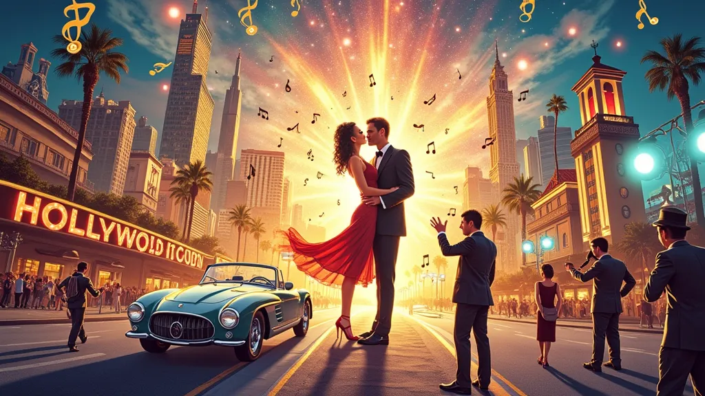 "A vibrant, cinematic explosion of Hollywood glamour, capturing the golden era of film and entertainment. The illustration features glowing film reels, clapperboards, musical notes, and dazzling lights bursting into a dreamlike scene. Elegant dancers, jazz...