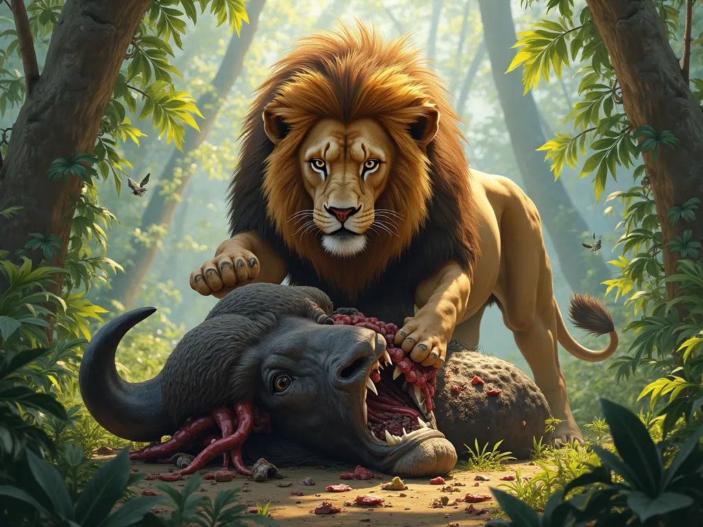 A male lion eating a piece of buffalo carcass against a jungle forest background.