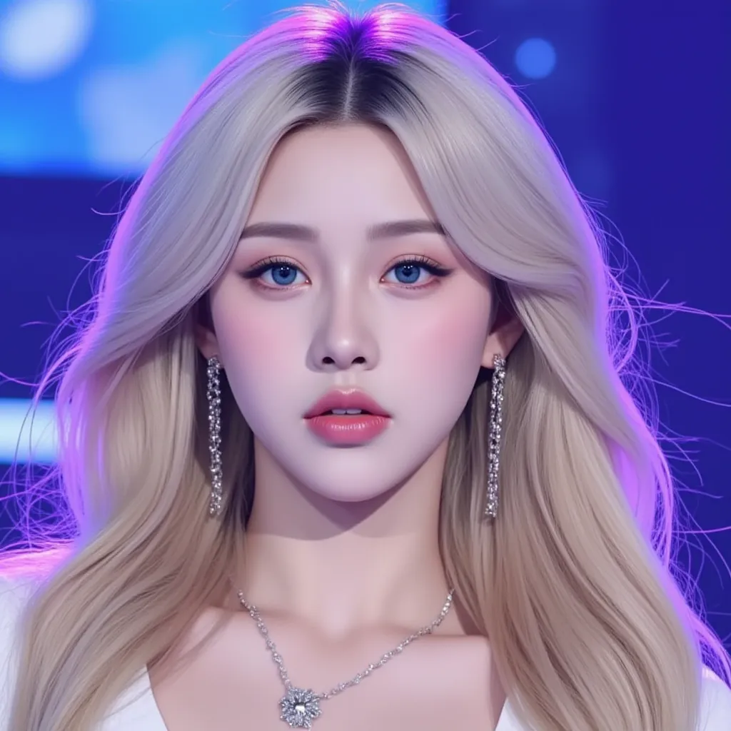 Kpop idol, long ashy blonde hair, blue eyes, pouty like lips, pretty, visual, on stage for a kpop survival show as a trainee, with a lapel body face microphone microphone