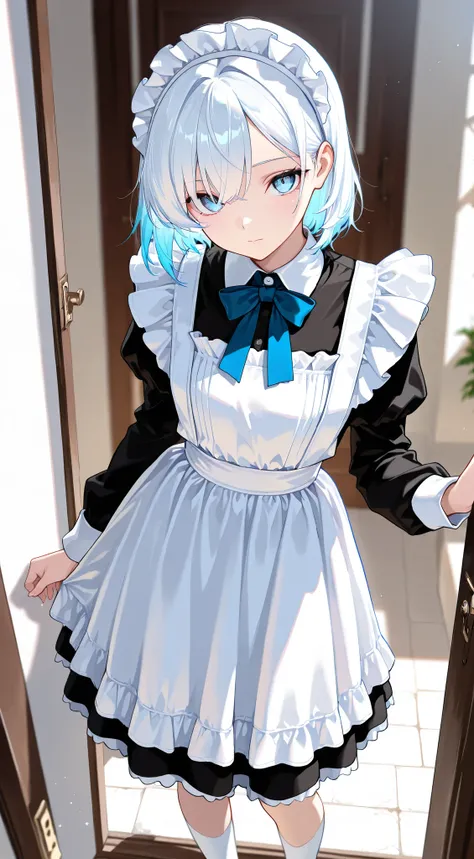 masterpiece, best quality, detailed face, detailed eyes, 1 girl, solo, beautiful, modest chest, slender body, mature, light makeup, adorable, sharp eyes, closed mouth, short hair, blue hair outer, white hair inner, long side bangs, short tidy bang, vibrant...