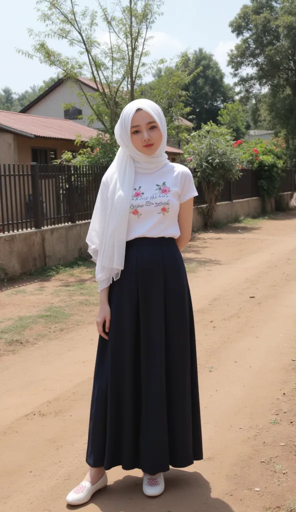 In a poor village, there are houses lined up neatly, the houses have dark iron fences, and beside them there are flowers The beautiful and other green trees. And there was a beautiful woman wearing a long white hijab, Wearing a white t-shirt with floral pa...