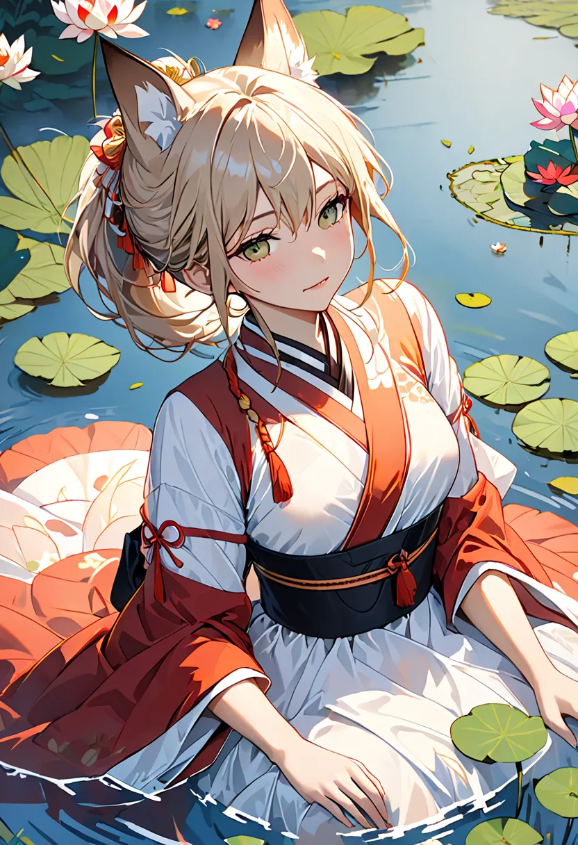 Absard Dress, high resolution, Super Detail, (girl around her neck:1.3), hand drawn, Simple lines,   lying on a  girl, Attractive girl with fox ears , At the lotus pond, masterpiece,  Sitting in Water , floating clothes, floating hair