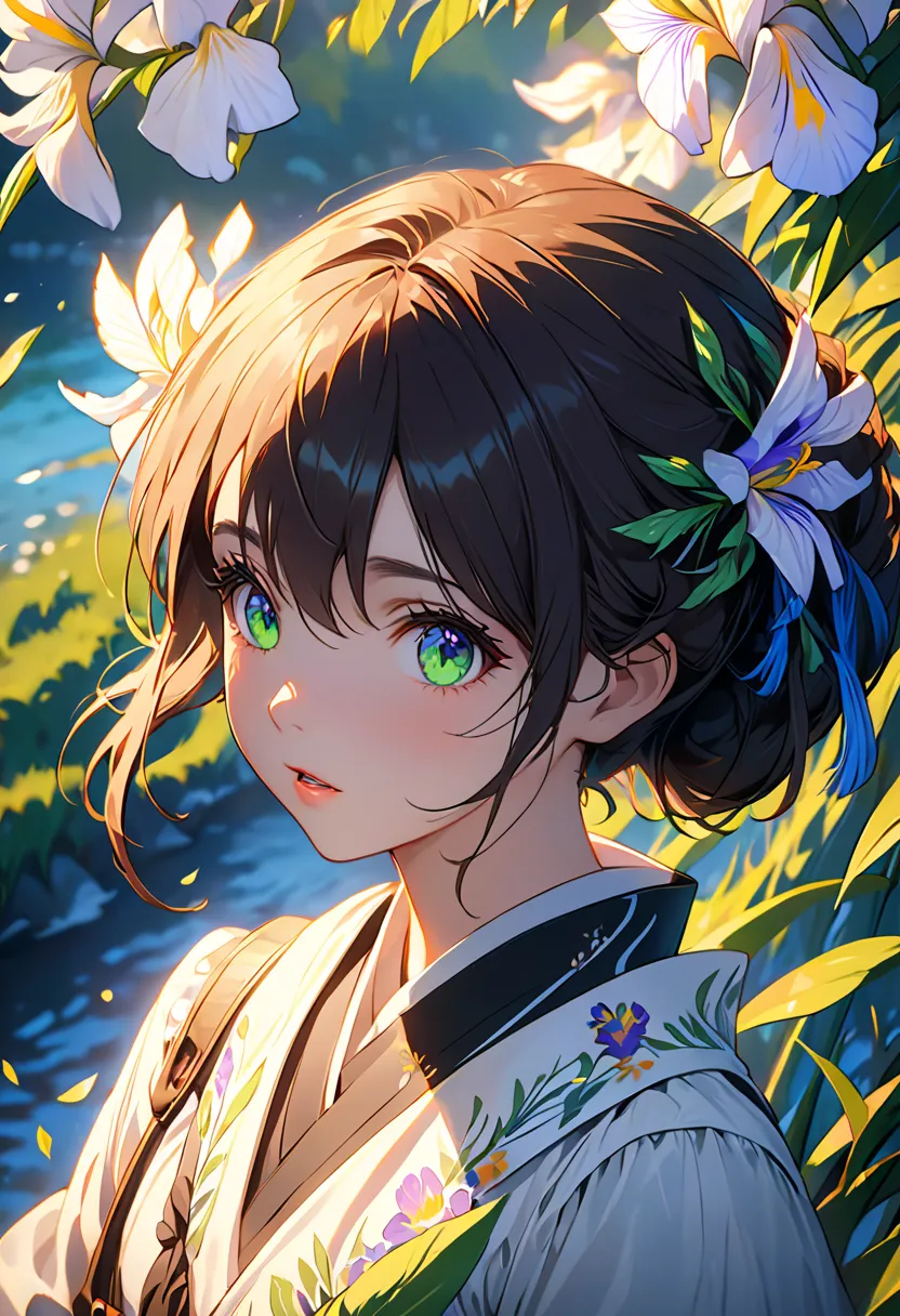 ((masterpiece, best quality)), high resolution, 8k,  cinematic light , high contrast, depth of field, Intense brilliance , detailed background, girl around her neck, cute, detail eyes, Eyes sparkling, detailed Iris,  green,  stylized , open your mouth, too...