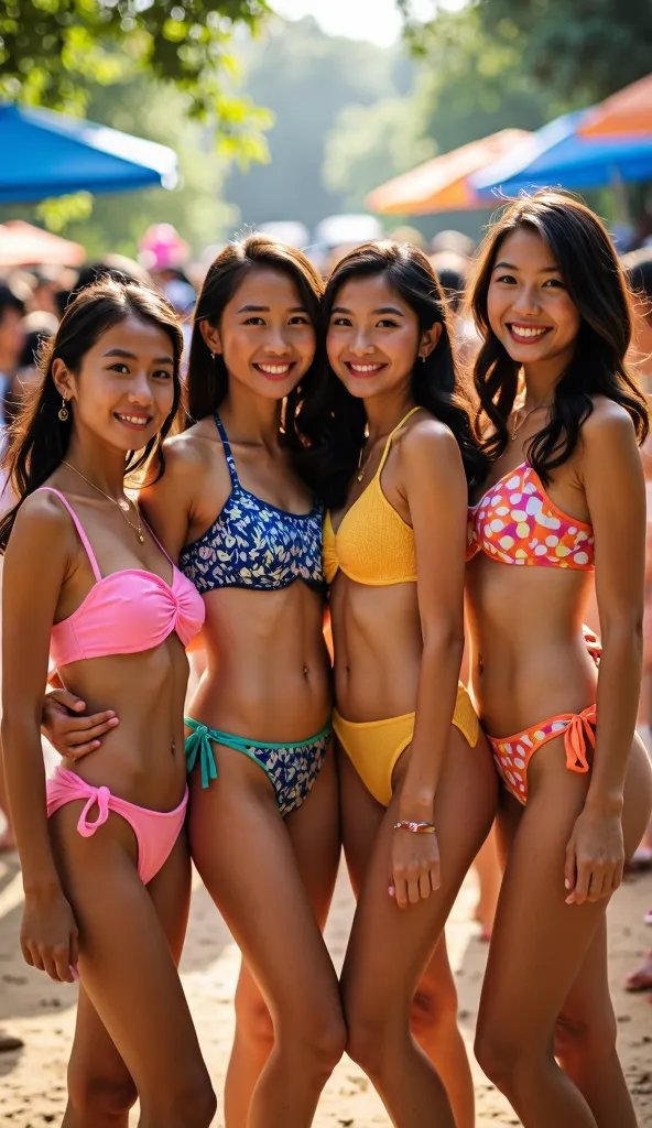 4 girls of different nationalities, They wear bikinis of different colors to a university party