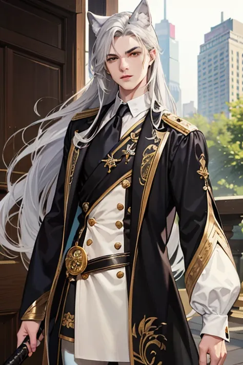  has silver hair. Wolf ears. There are no human ears.  Amber Eyes . He has a black long sword. Charming and sharp eyes. Tidy eyebrows. Soft face and impression. is expressionless.  blunt with null. long hair. The bottom of the head was tied weakly. sagging...