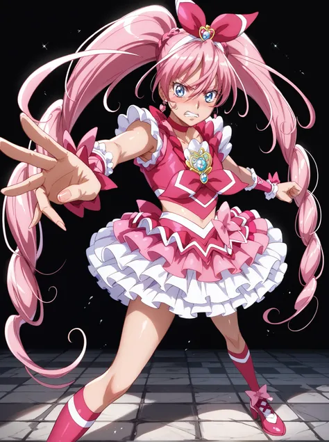 nsfw,1girl, solo, ((Cure Melody)), shiny skin,anime coloring,stone floor,black background,fighting pose,blush,embarrassed,open eyes,clenched teeth,standing,