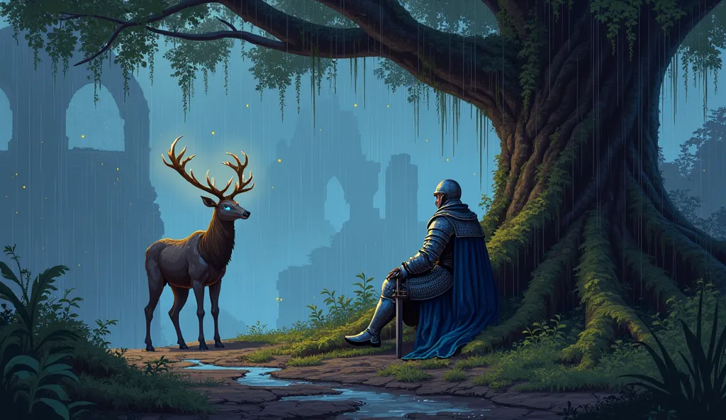 A medieval knight in full plate armor sits under the shelter of an ancient, towering tree, their helmet resting beside them as they gaze into the distance. Their armor glistens faintly with the soft reflection of rain, and a deep blue cloak drapes over the...