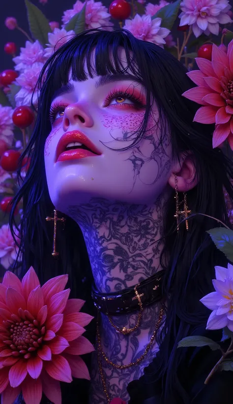extremely detailed CG, high resolution, best quality, masterpiece,
Close-up portrait of a whimsical Gothic 80's grunge punk rocker girl with liquid red cherry jelly, white dahlias and black roses , with vibrant black hair, radiant skin adorned with sugar s...
