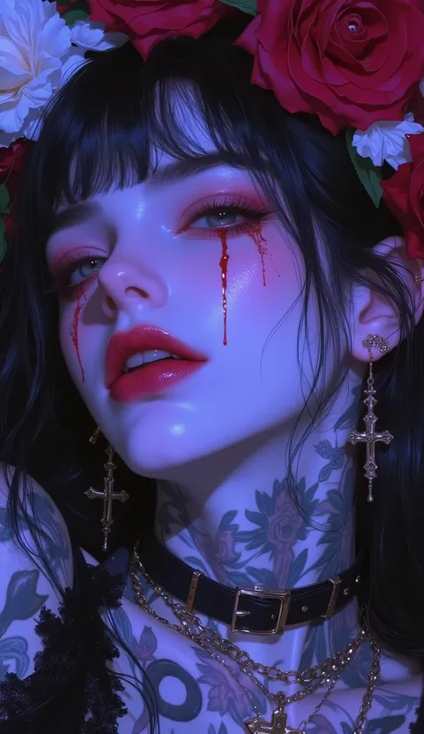 Close-up portrait of a whimsical Gothic 80's grunge punk rocker girl with liquid red cherry jelly, white dahlias and black roses , with vibrant black hair, radiant skin adorned with sugar skull makeup an red cherry jelly under her eyes, and glossy full lip...