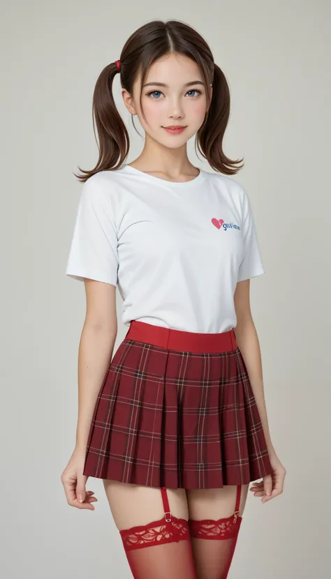 high quality、masterpiece、realistic、perfect anatomy,One Ager Girl,cute女の子、超cute、Where's the hair 、 very short,、zoom、cute、gray eyes、、twintails、glass、white t-shirt、(Gingham Check Culotte Skirt:1.37),red stockings、red garter belt、belly button,blank,Black Light