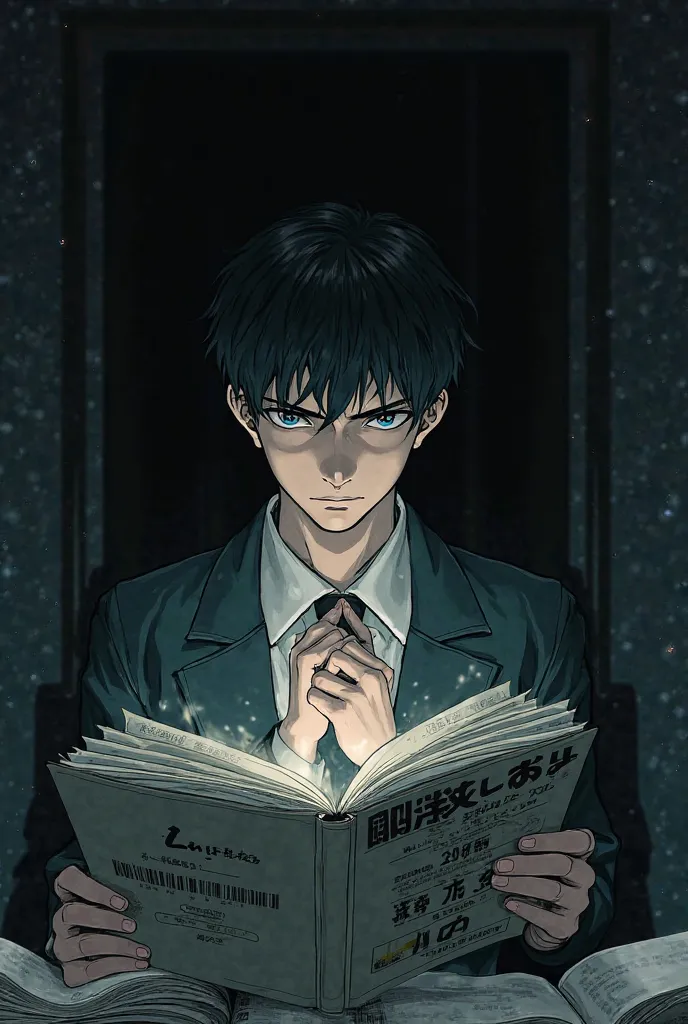 A cold and calculating character named Ly with his fingers together reading a written manga "20th century boys"