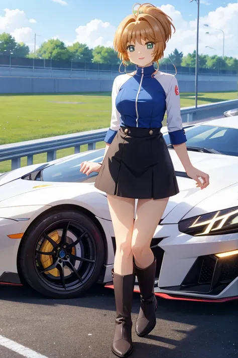 A woman in a short dress is standing on a track next to a Lamborghini, anime girl, 1 girl, (20 years old girl), (aged up), Kinomoto Sakura, race track, super sports car, blue sky, ponytail, shining eyes, (realistic eyes: 1.2), (beautiful eyes: 1.2), red li...