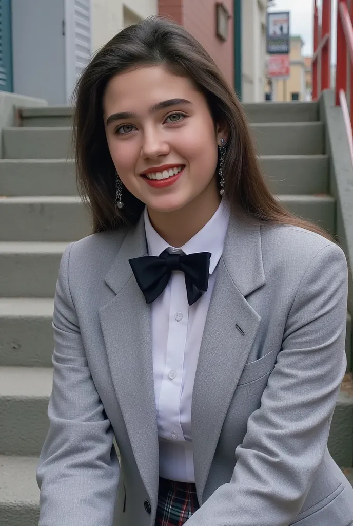 (masterpiece, top quality:1.2),  Beautiful  old high school girl,  Jennifer Connelly, Wide-angle photography, full body photo, camera、light grey blazer uniform、 black bow tie、white shirt、plaid mini skirt for sitting on the back alley steps、( I can see my t...